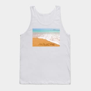 Inscription "HOLIDAY" made on beautiful beach by the blue sea Tank Top